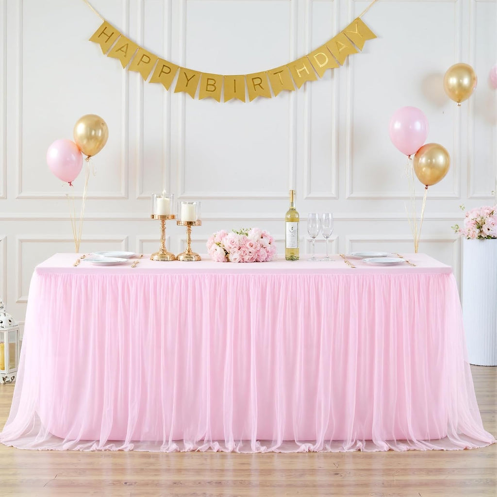 Suppromo 6 Pack 6ft Pink Tulle Tablecloths for Rectangle Tables 72 x 30 Inch Pink Rectangular Table Cloth, Wrinkle Free Table Cover with Tutu Skirt for Baby Shower Birthday Party Banquet Buffet Cake
