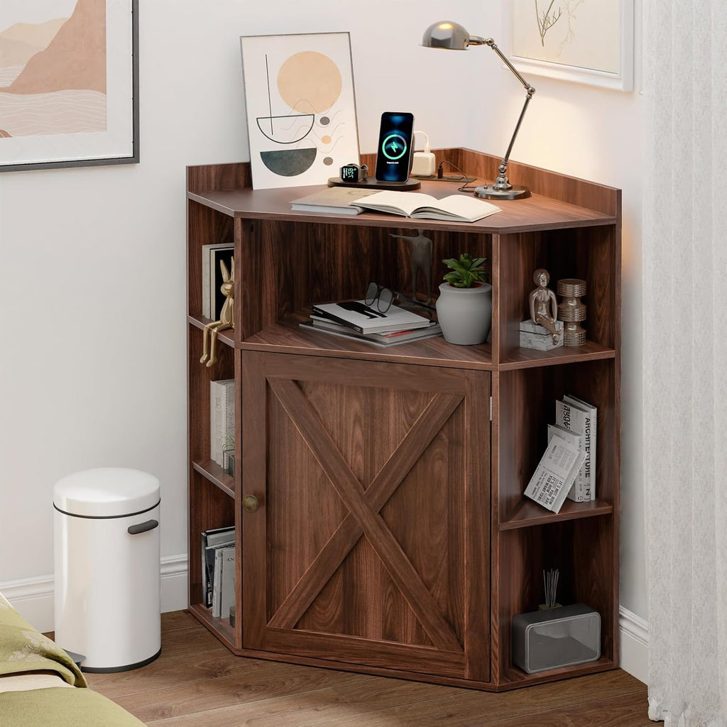 Halitaa Corner Storage Cabinet, Farmhouse Corner Bookshelf with Storage 6-Cubby Wooden Cabinet with USB Ports and Outlets Industrial Organizer for Small Space, Study, Playroom, Living Room, Walnut