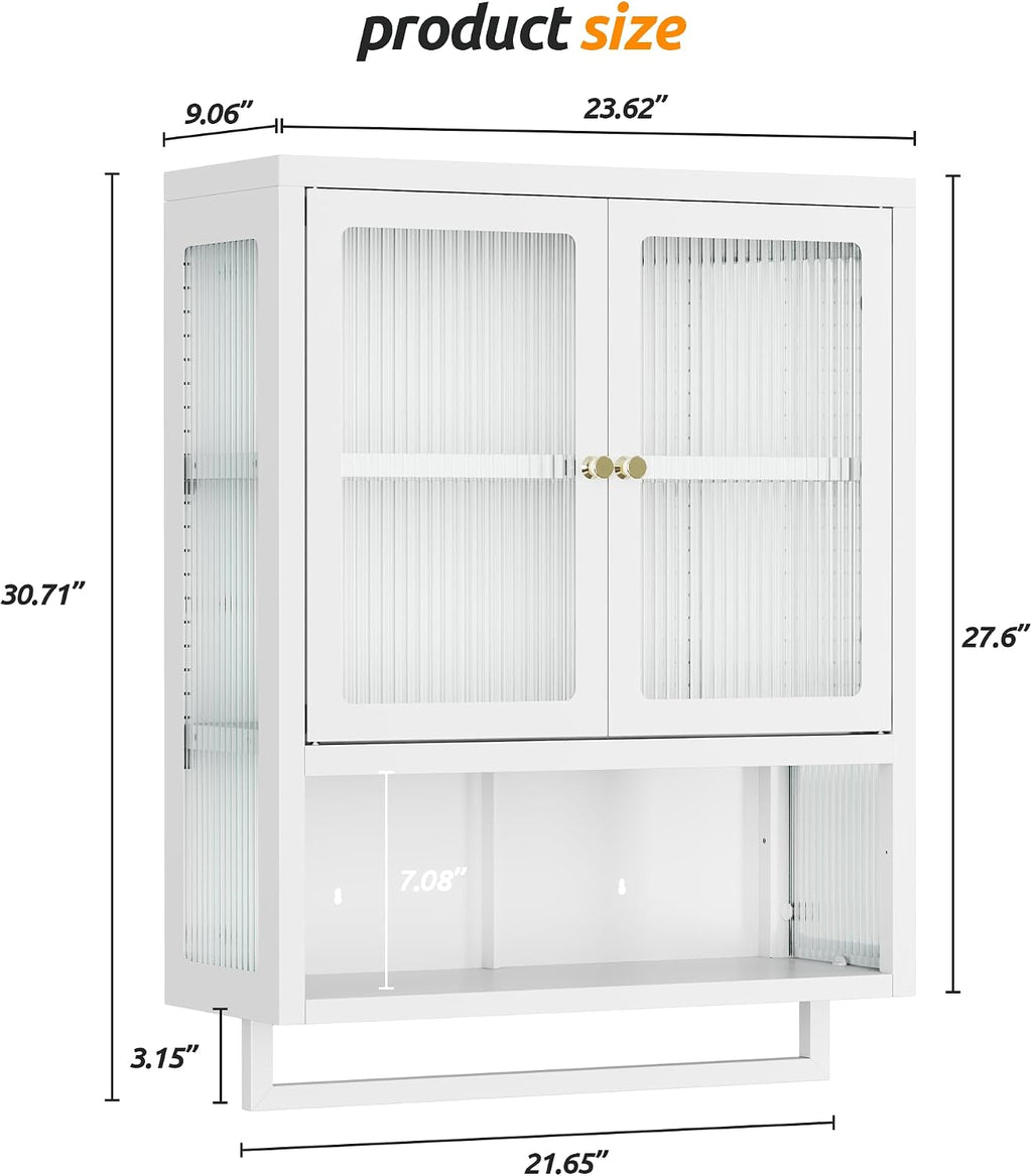Bathroom Wall Cabinet with 2 Glass Door, Bathroom Medicine Cabinet with Towels Bar and Shelves, Over The Toilet Storage Cabinet, Metal Wall Mounted Cabinet for Kitchen (Upgraded White)