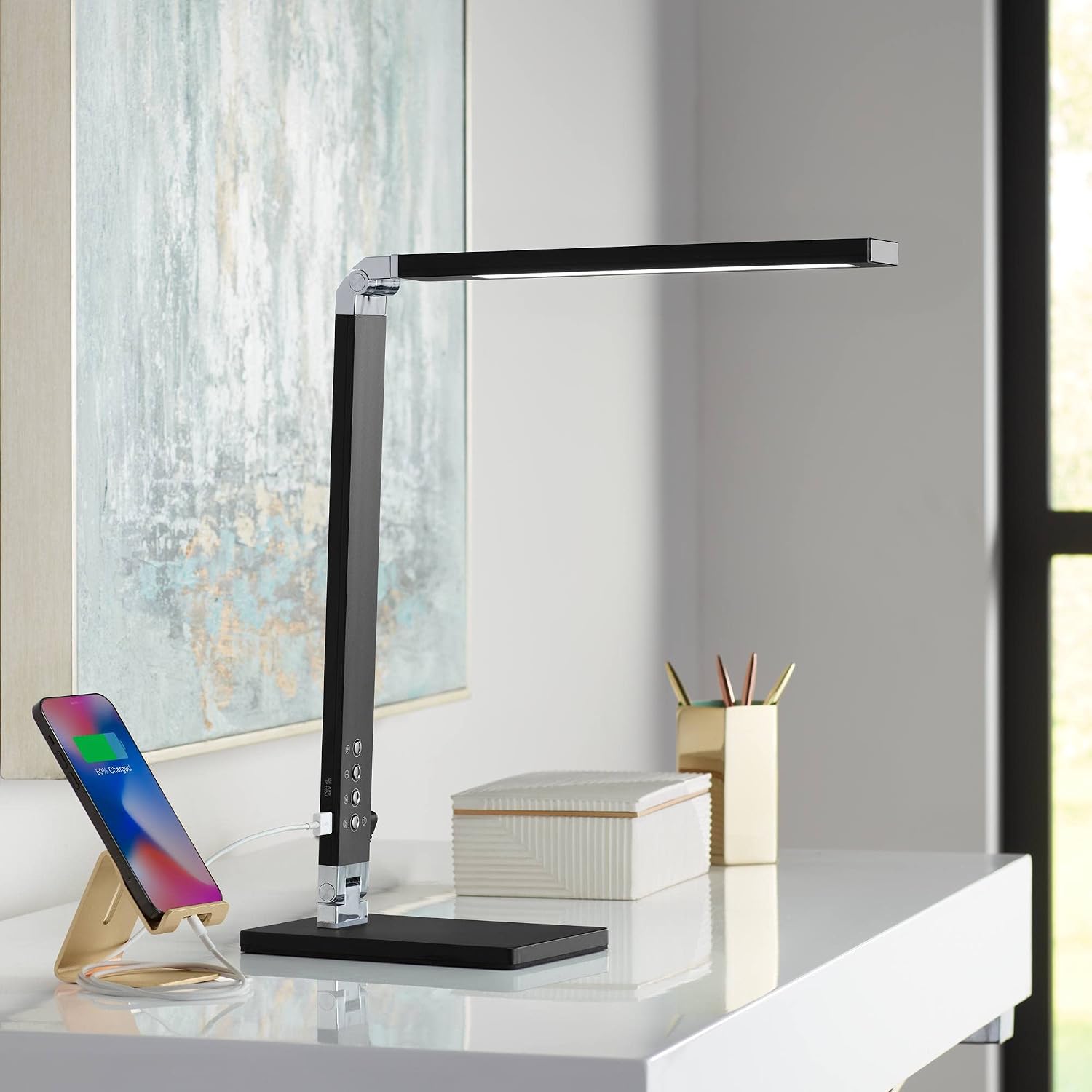 360 Lighting Jett Modern Desk Table Lamp 16 1/2' High with USB Charging Port and Nightlight LED Black Aluminum Touch On Off Dimmer for Bedroom House Bedside Nightstand Home Office Reading