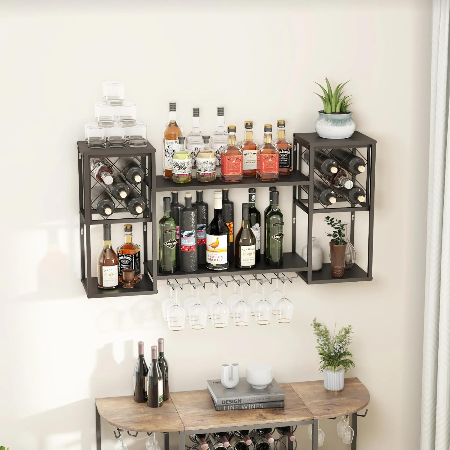 Wall Mounted Wine Rack with Glass Holder for Home Bar Storage | Display Spirits & Glasses in Restaurants, Home Kitchens or Studios. Provides Effortless Storage Access