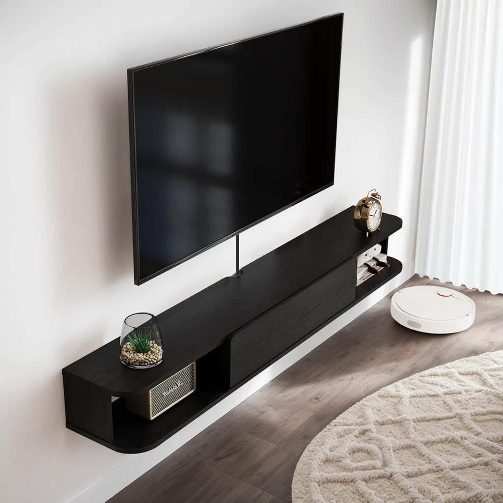 Pmnianhua Floating TV Stand with Drawer,59'' Wall-Mounted TV Cabinet,Floating TV Console,Under TV Entertainment Shelf with Storage for Bedroom Living Room(Black)