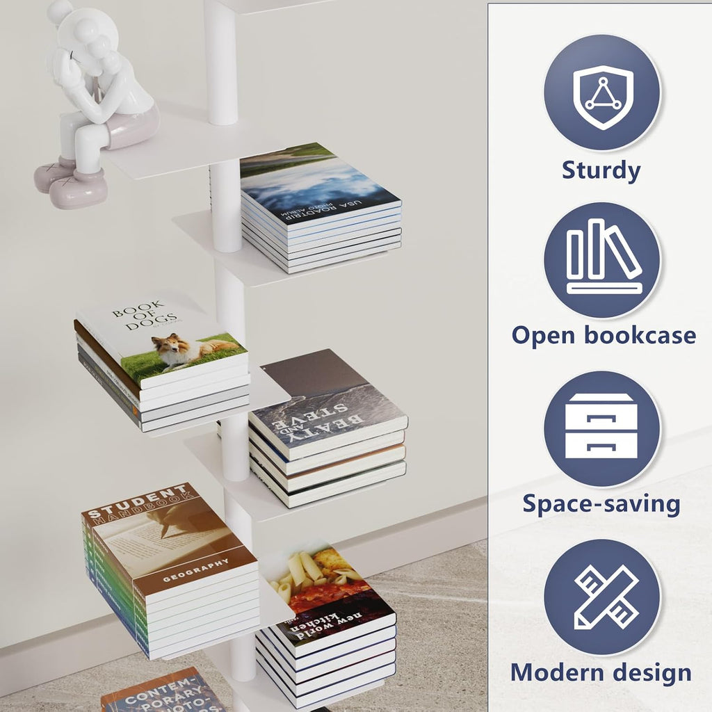 Choowin 9-Shelf Metal Spine Bookshelf Vertical Bookshelf, Adjustable Modern Floating Narrow Tree Book Shelf Book Tower, Display Shelf for Bedroom Living Room Office, 70 inch Tall, White