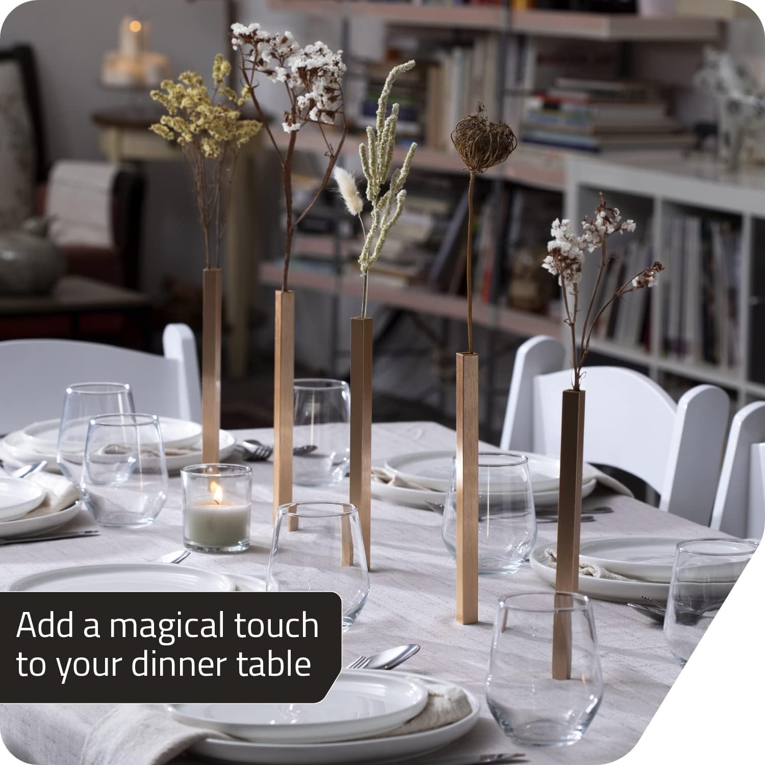 PELEG DESIGN Magnetic Bud Vase Set (Gold) - Unique Home Decor Gift & Modern Table Centerpiece - 20 Aluminum Single Stem Vases - 9.4' Tall Gravity Defying Decor