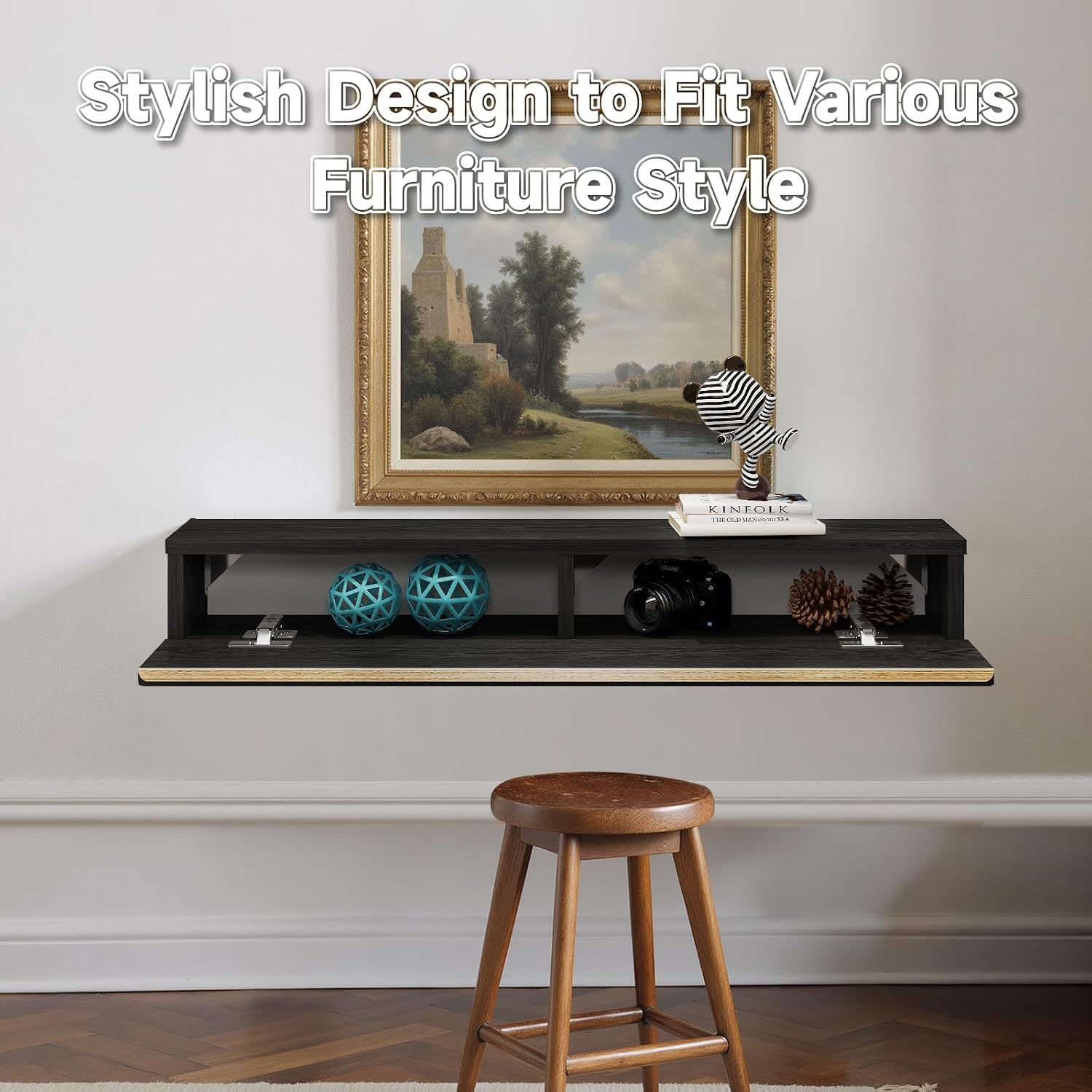 Floating Solid Wood Console Table, 47'' Wall Mounted Narrow Entryway Table with Storage Shelf, Modern Couch Shelves Small Entry Way Tables for Entryway, Front Hall, Hallway (Black)