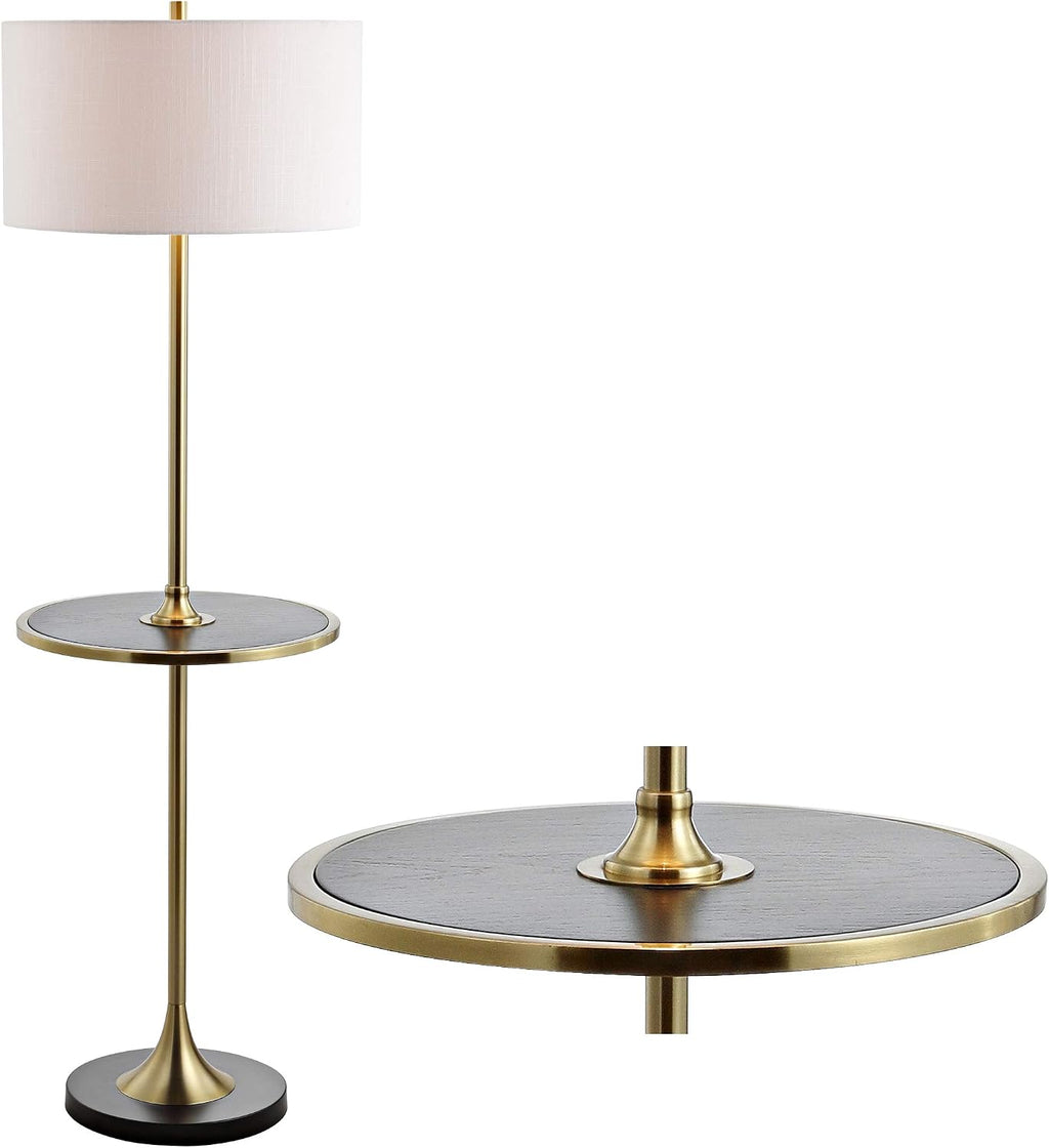 JONATHAN Y 59' Black/Brass Gold Floor Lamp with Integrated Wood Side Table, Contemporary Metal Standing Lamp for Living Room, White Linen Shade, LED Bulb Included, UL Listed JYL3056A