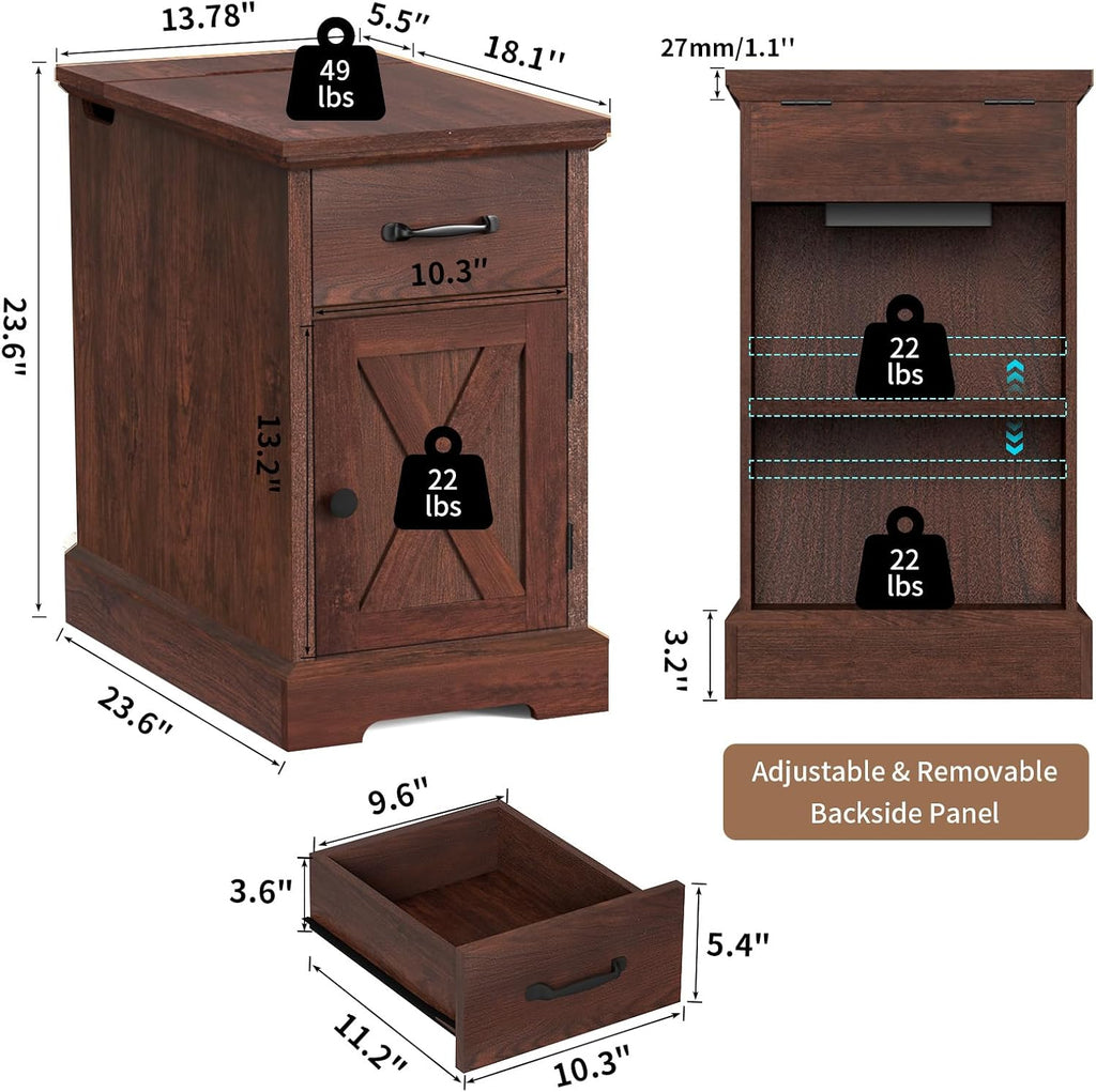 HOMMPA Farmhouse End Table with Charging Station Set of 2, 23.6'' Narrow Side Table with Barn Door Roman Column Design, Rustic Wood Sofa Side Table with Drawer & Cabinet for Living Room, Maroon Brown