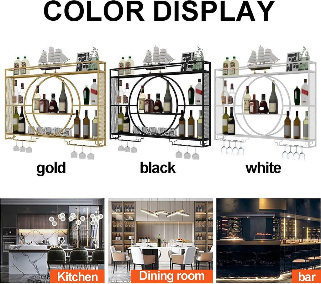 Wine Rack Wall Mounted 3 Tier Metal Floating Shelves With LED Light, Hanging Floating Bar Liquor Bottles, For Home Bars Kitchen (Black, 100x80x15cm)