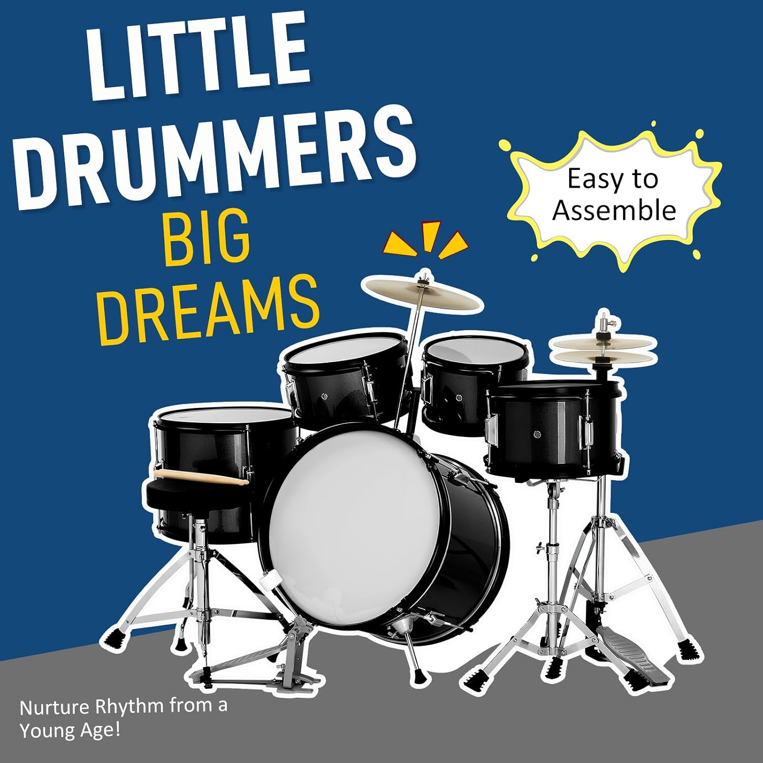 Ktaxon 5-Piece Complete Junior Drums Set, 16 Inch Beginners Drum Kit with Throne Stool, Pedal & Drumsticks, Drums Musical Instruments W/Cymbal, Hi-Hat, Floor, Tom and Snare Drum (Black)