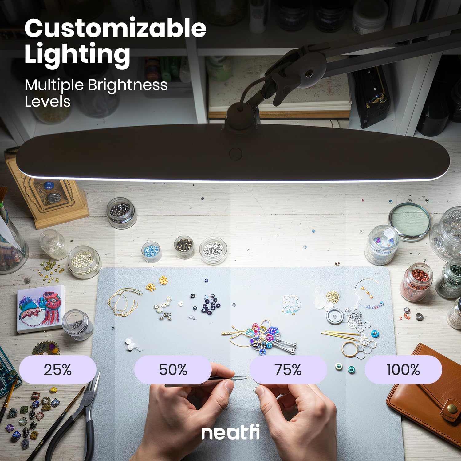 Neatfi XL 24W LED Desk Lamp – 2,200 Lumens | 23' Wide Shade | Dimmable Eye-Caring Task Light | Adjustable Arm | Office, Study, Crafting & Nail Techs (White, Non-CCT with Base)