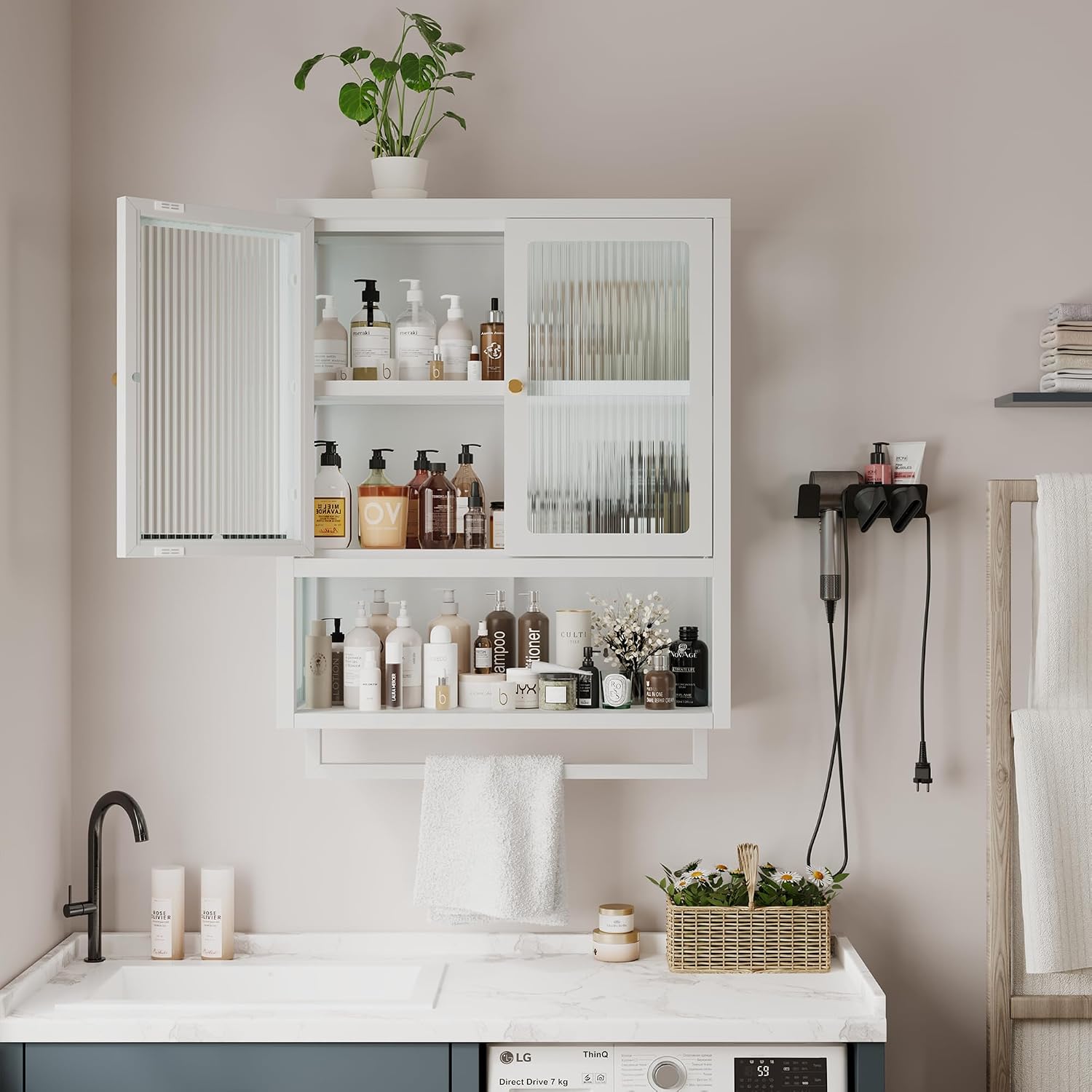 Bathroom Wall Cabinet with 2 Glass Door, Bathroom Medicine Cabinet with Towels Bar and Shelves, Over The Toilet Storage Cabinet, Metal Wall Mounted Cabinet for Kitchen (Upgraded White)