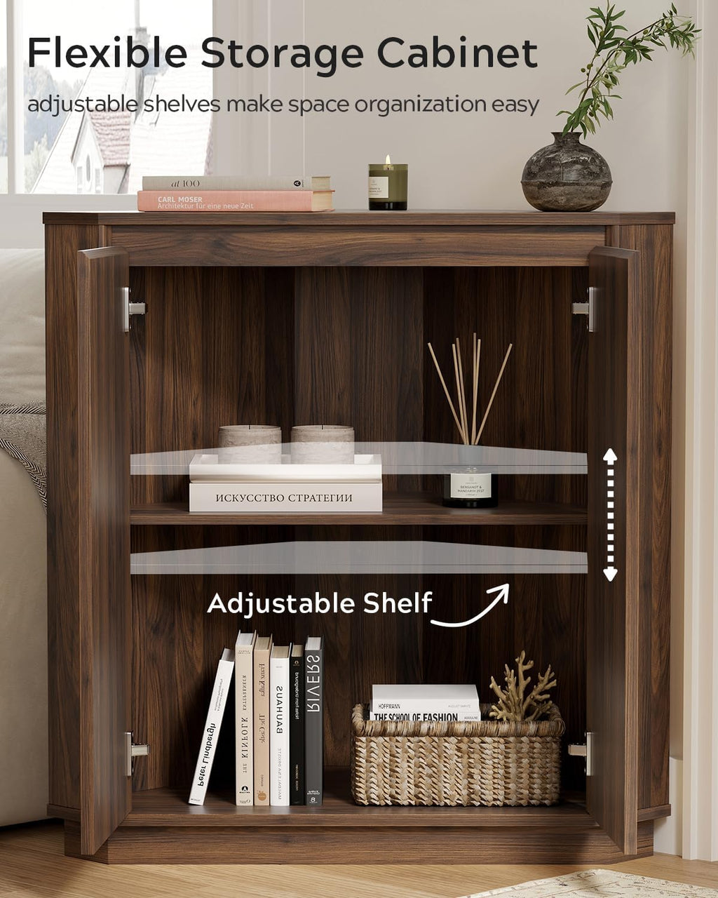 EYYTHUNG Corner Cabinet, Modern Handless Corner Floor Cabinet with 2 Doors and 2-Tier Shelves, Freestanding Narrow Organizer for Living Room Kitchen Bathroom, Brown