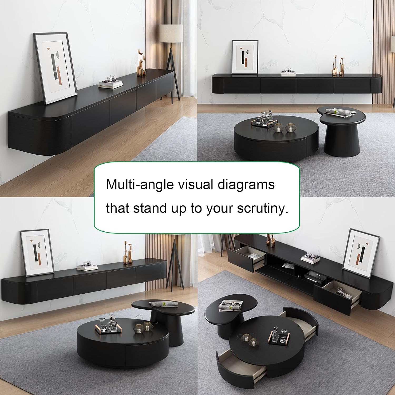 Floating TV Stand Large Floating TV Shelves Wall Mounted Multi Storage Compartment TV Media Console Floating TV Cabinet Bench Under TV Large Storage TV Lowboard (Black, 102.4 * 7.9 * 9.4 in)
