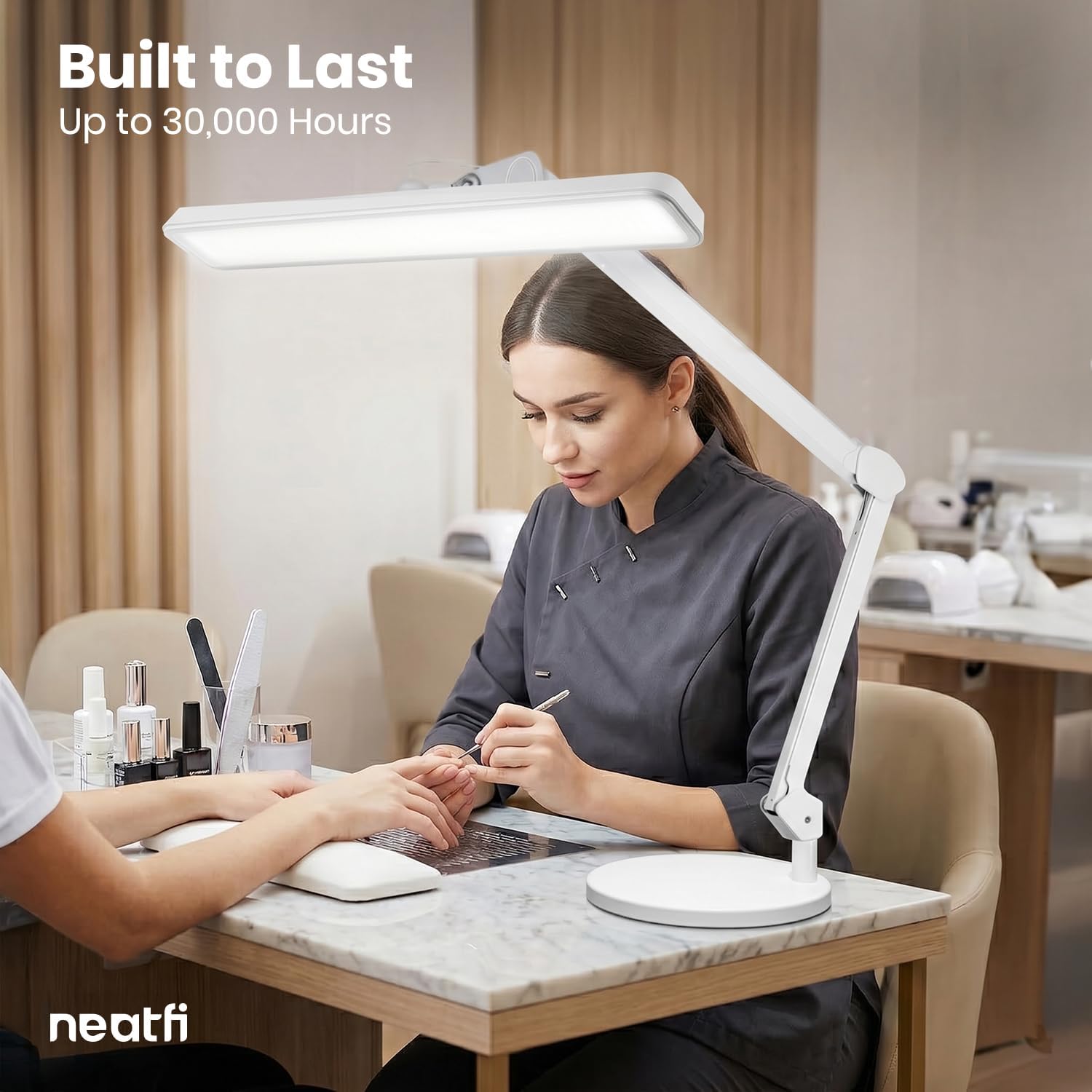 Neatfi XL 2,500 Lumens 30W LED Task Lamp for Manicure Table, Crafts, Workbench, Office - 22' Wide Shade Desk Light | Eye-Caring 6500K | 4-Level Brightnes (White, Non-CCT with Base)
