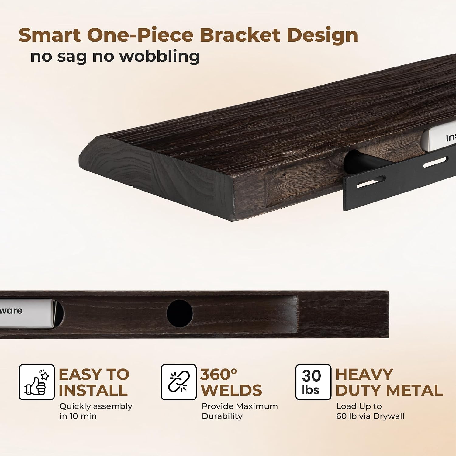 Axeman 55 inch Floating Shelves for Wall - 8'' D Live Edge Rustic Solid Elm Wood Floating Shelves Wall Mounted, Hanging Shelves with Invisible Bracket for Living Room Bedroom Kitchen, Walnut