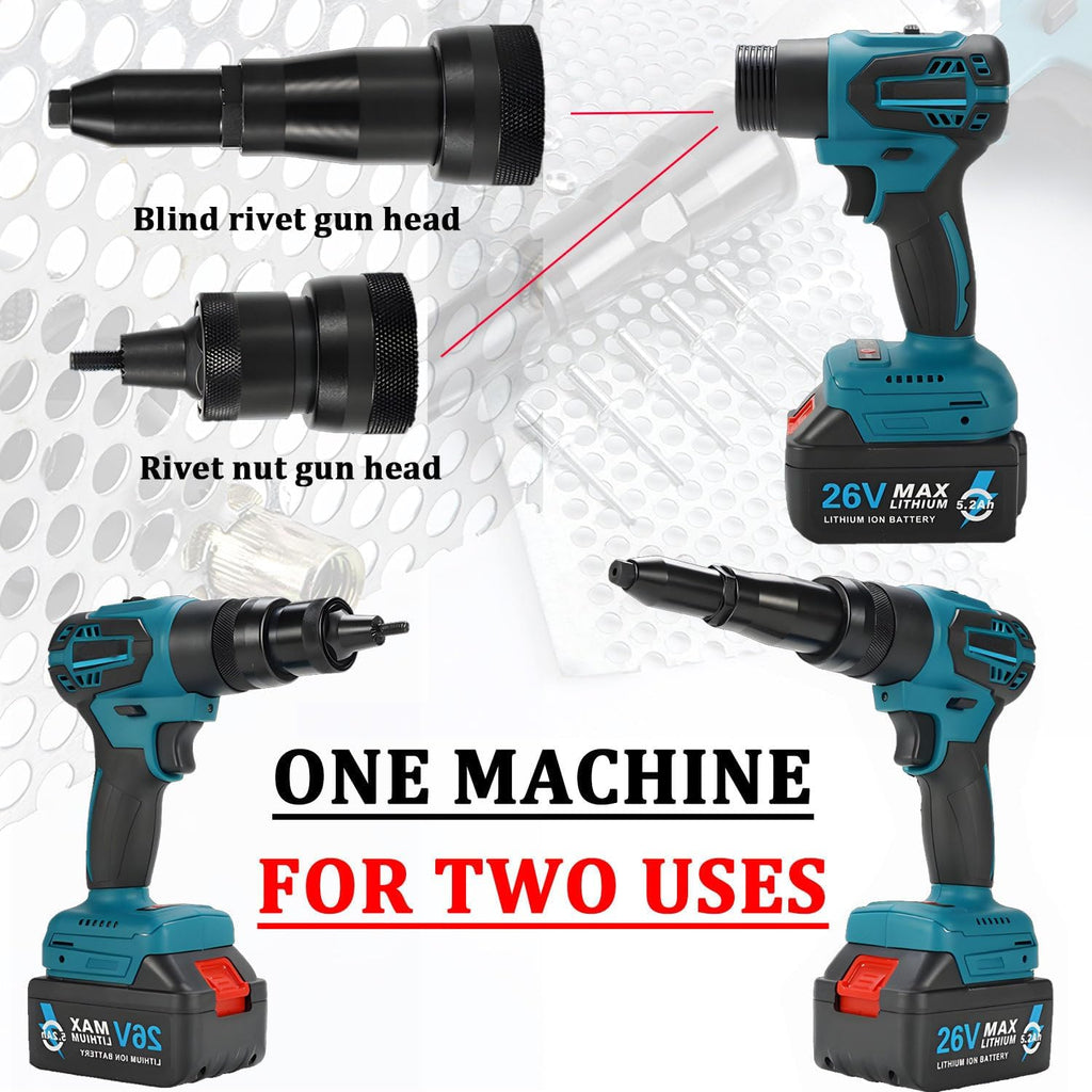 26V Cordless Electric Rivet Gun Brushless Motor - Portable Battery Pop Rivet Tool Kit, LED Light, Ergonomic Handle, Quiet No-Spark for Automotive, Construction completeset