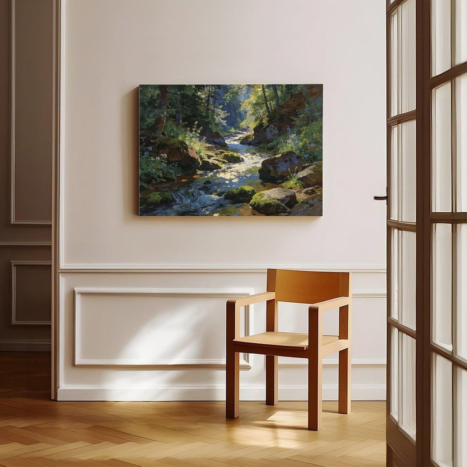 Forest Stream Wall Art Print, Sunlit Woodland Creek And Mossy Rocks Landscape Painting, Nature Poster for Living Room Bedroom Cabin Decor 24x36inch(60x90cm)