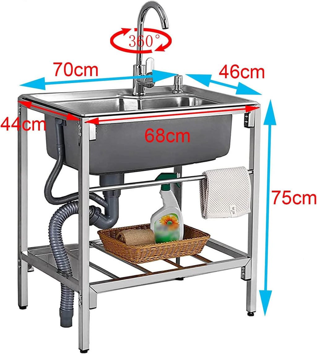 Single Bowl Sink Free Standing - Stainless-Steel Commercial Restaurant Kitchen Sink - Utility Sink for Laundry Room Bathroom Farmhouse - Portable Outdoor Si(70x46x75cm