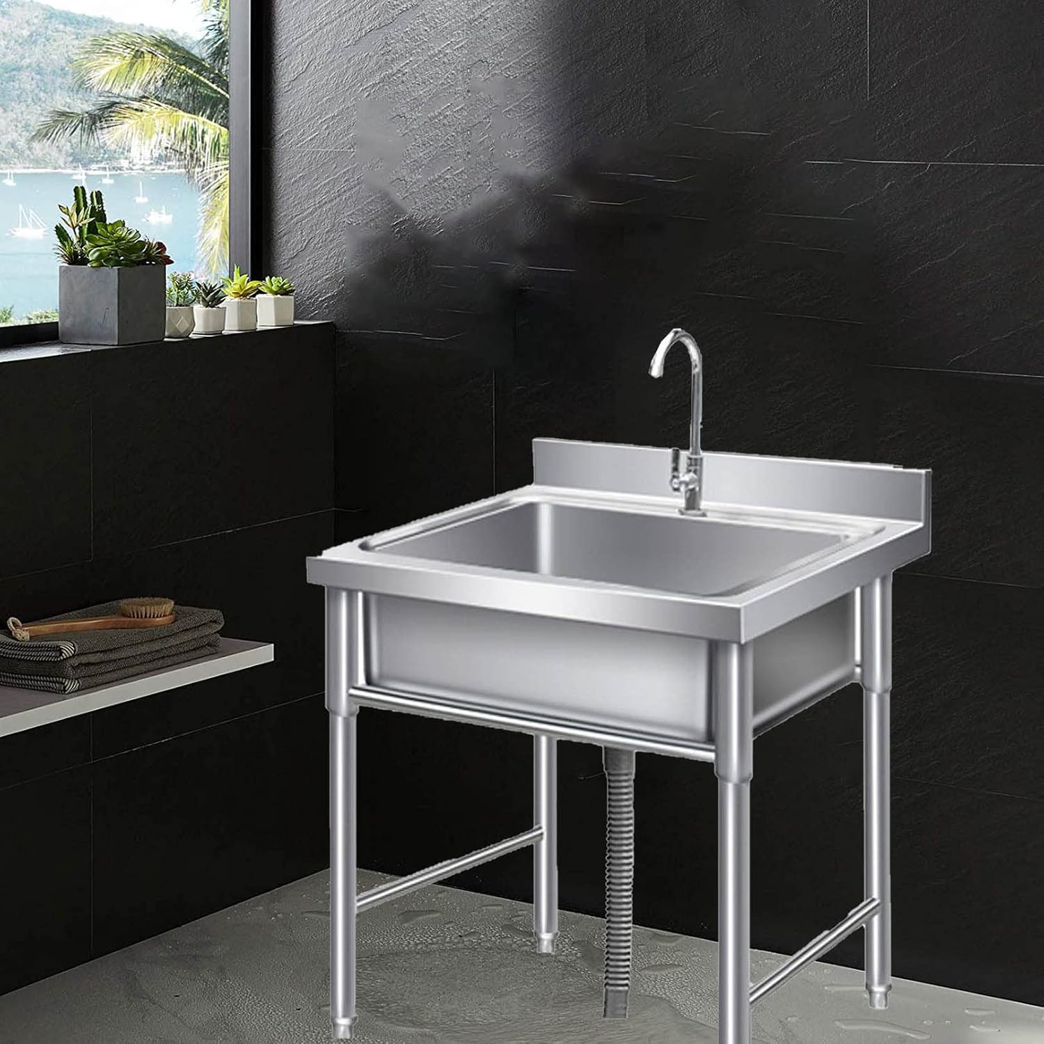 Single Bowl Sink Free Standing Stainless-Steel Kitchen Sink Set Commercial Sink for Restaurant, Bar, Laundry
