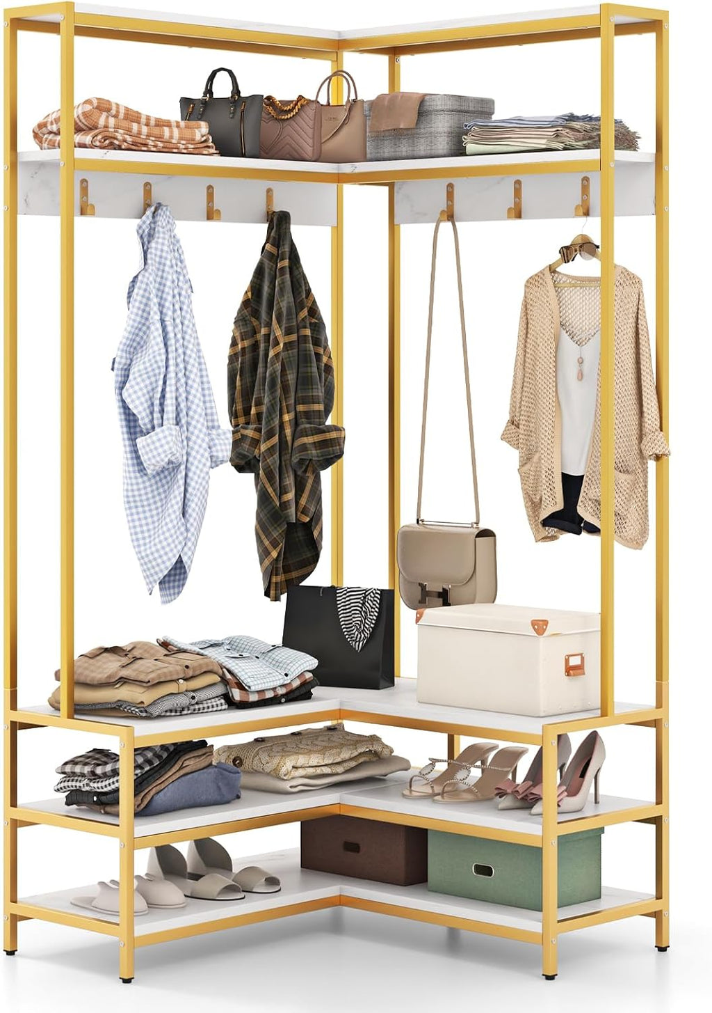 Tangkula Corner Hall Tree, 70 Inch Coat Rack with Bench and Shoe Storage, Entryway Furniture with 7 Hooks, Heavy Duty Metal Frame, Space Saving Clothes Rack Shoes Shelf Organizer (White)