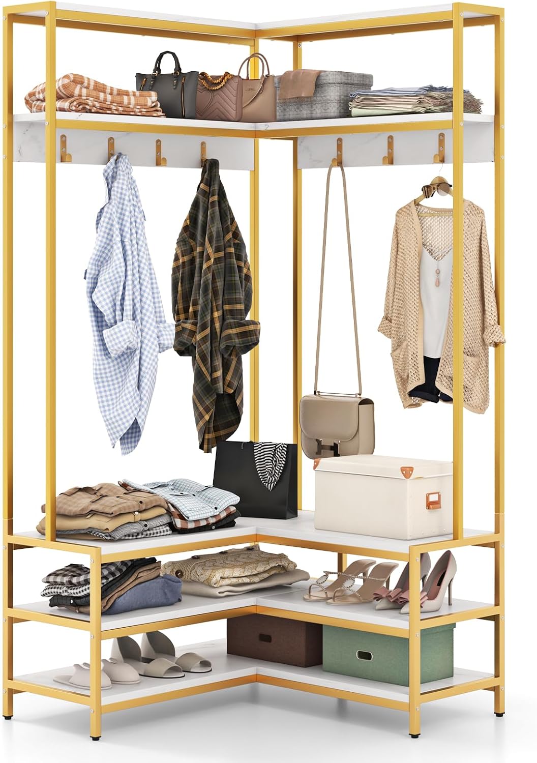 Tangkula Corner Hall Tree, 70 Inch Coat Rack with Bench and Shoe Storage, Entryway Furniture with 7 Hooks, Heavy Duty Metal Frame, Space Saving Clothes Rack Shoes Shelf Organizer (White)