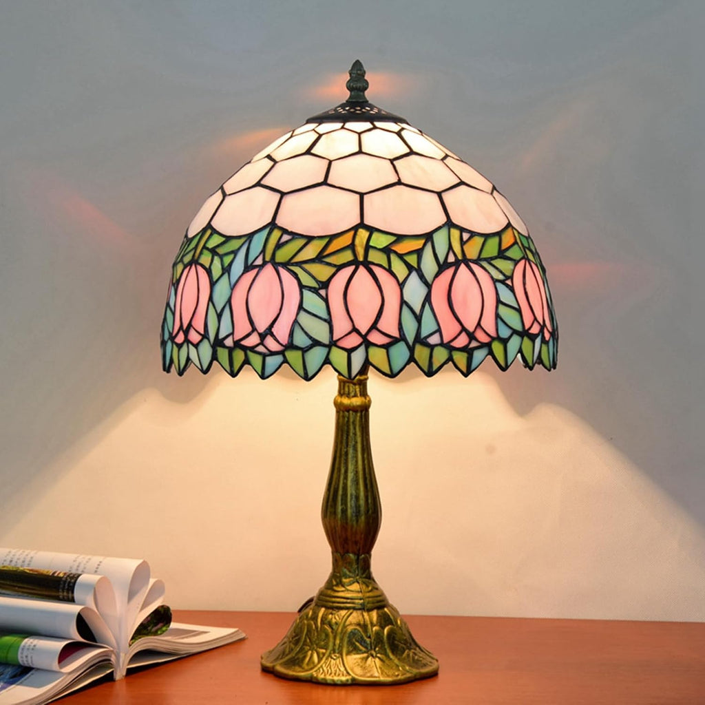Tiffany Lamp Stained Glass Lamp Pink Tulip Bedroom Table lamp Reading Desk Light for Bedside Living Room Office Dormitory Dining Room Decorate Housewarming Gift 12X12X18 Include Light Bulb