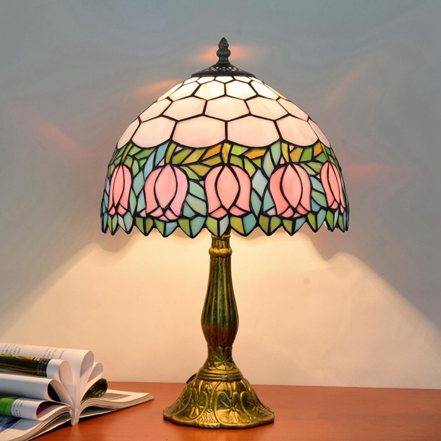 Tiffany Lamp Stained Glass Lamp Pink Tulip Bedroom Table lamp Reading Desk Light for Bedside Living Room Office Dormitory Dining Room Decorate Housewarming Gift 12X12X18 Include Light Bulb