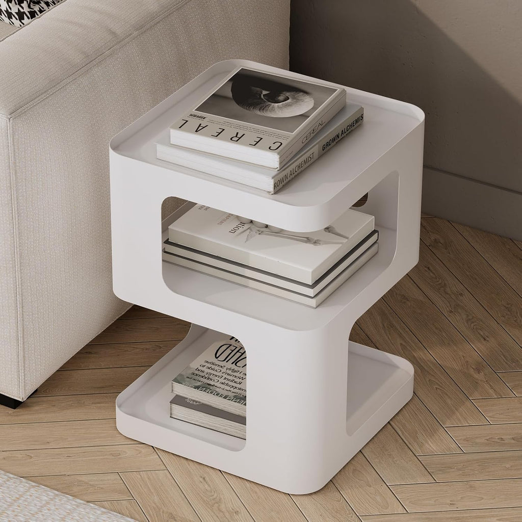 Modern Side Table for Sofa & Couch,White Metal Bedside Table,3 Tier end Tables with Storage for Living Room & Bedroom,Compact Nightstand for Small Spaces,No Assembly Required