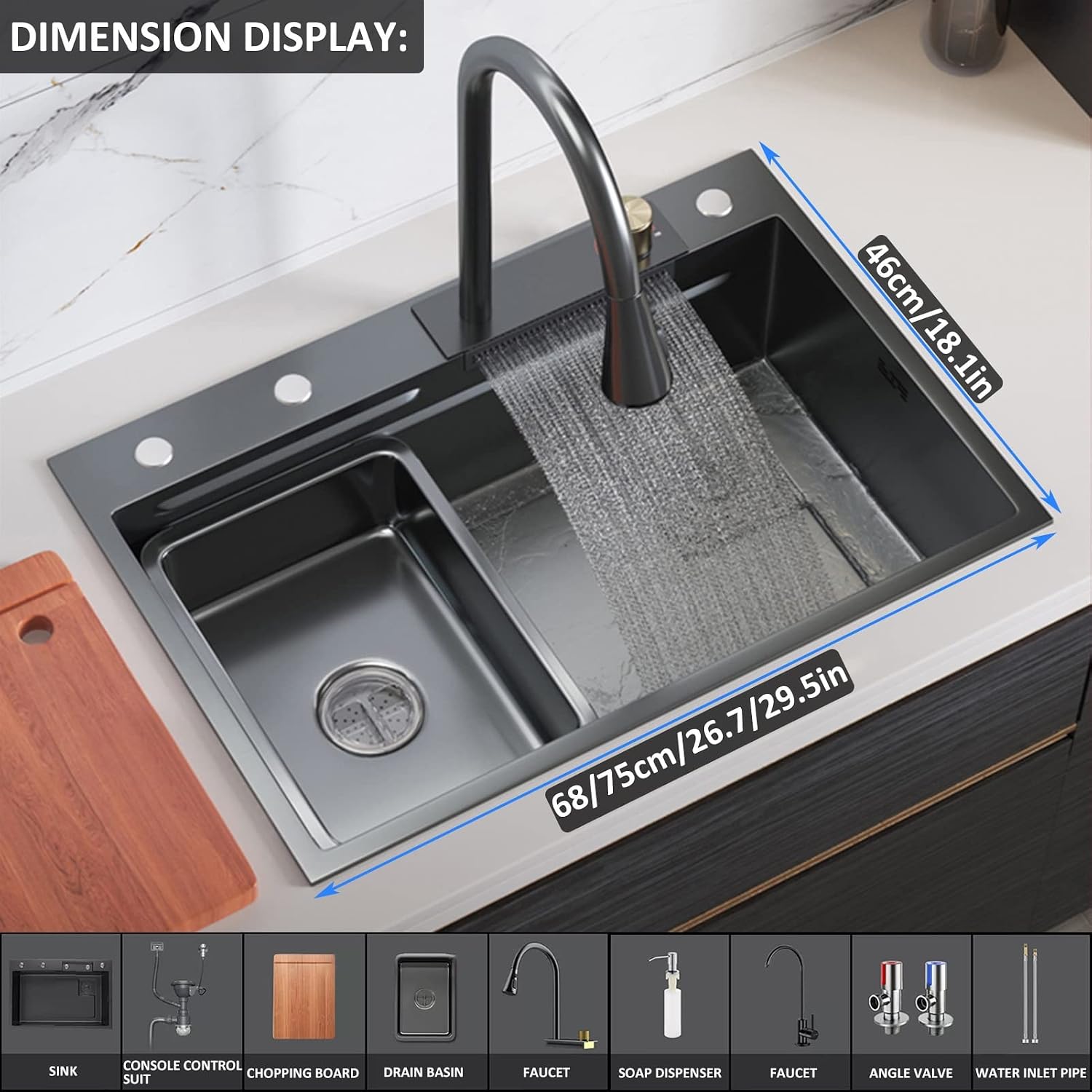 304 Stainless Steel Kitchen Waterfall Sink Multi-function Single Bowl Bar Sink Rv Sink With Faucet And Drainage Components Drop In Or Under Mount ( Color : Black , Size : 75x46x23.5cm ) (Black 75