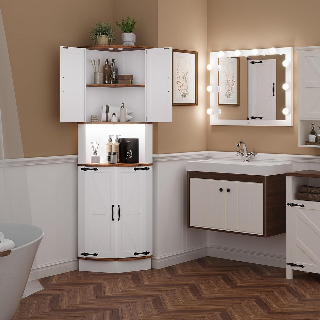 GarveeLife 64.6' Farmhouse Corner Bar Cabinet with LED Lights, Tall Freestanding Storage Liquor Cabinet with 4 Barn Doors, 5-Tier Shelves, USB Ports & Outlets, Corner Cabinet for Living Room, Kitchen