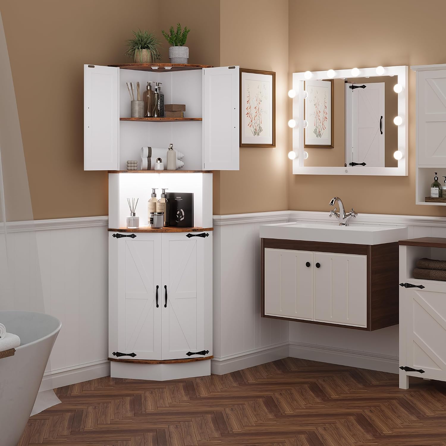 GarveeLife 64.6' Farmhouse Corner Bar Cabinet with LED Lights, Tall Freestanding Storage Liquor Cabinet with 4 Barn Doors, 5-Tier Shelves, USB Ports & Outlets, Corner Cabinet for Living Room, Kitchen
