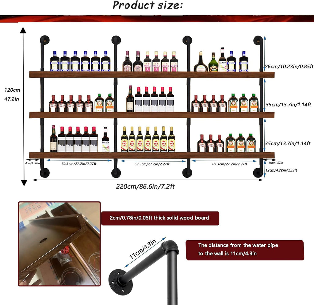 86.6in Large Wine Rack with LED Light Solid Wood Wall Mounted Wine Rack, 3-Tiers Liquor Bottles Floating Shelves Display Storage Organizer for Home Bar & Dining Room (220cm/86.6in)