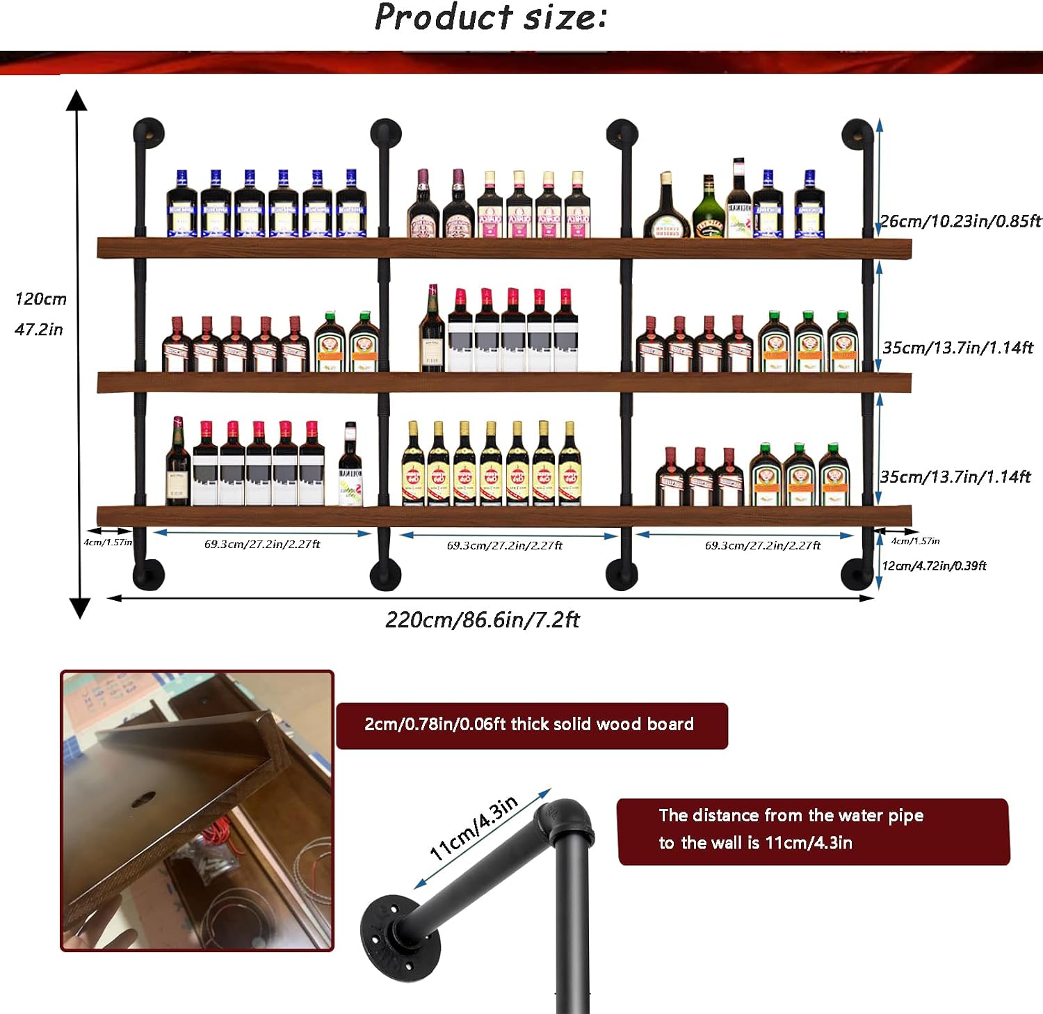 86.6in Large Wine Rack with LED Light Solid Wood Wall Mounted Wine Rack, 3-Tiers Liquor Bottles Floating Shelves Display Storage Organizer for Home Bar & Dining Room (220cm/86.6in)
