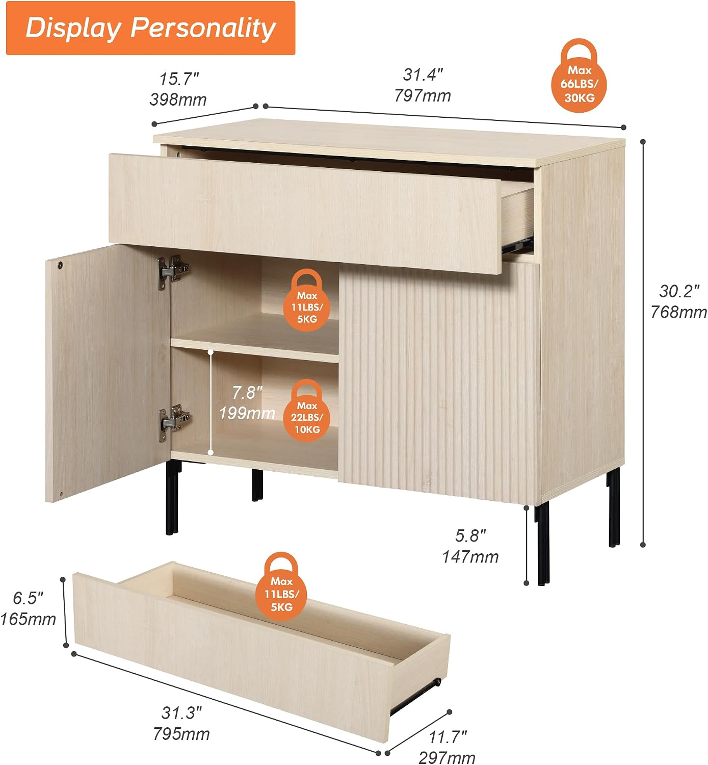 WAMPAT 31.5' W Fluted End Table, Modern Mid Century Side Table with Lagre 1 Drawer & 2 Doors, Wooden Bedside Table with Storage and Hidden Handle for Bedroom, Living Room, Beige