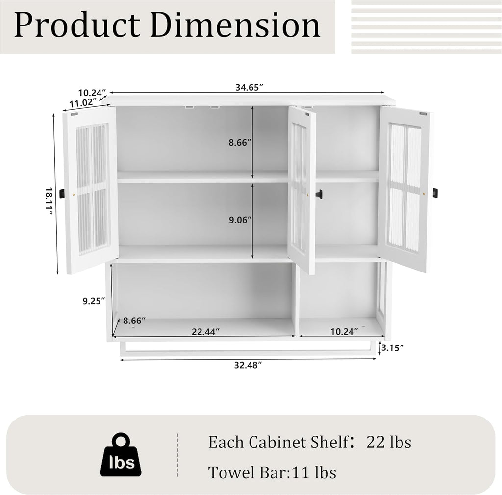 Polibi Wall Cabinet with Fluted Glass, Modern Wall-Mounted Storage with Towel Bar, Removable Shelves, Minimalist Design for Entryway Living Room Bathroom Dining Room, Easy Assembly, White
