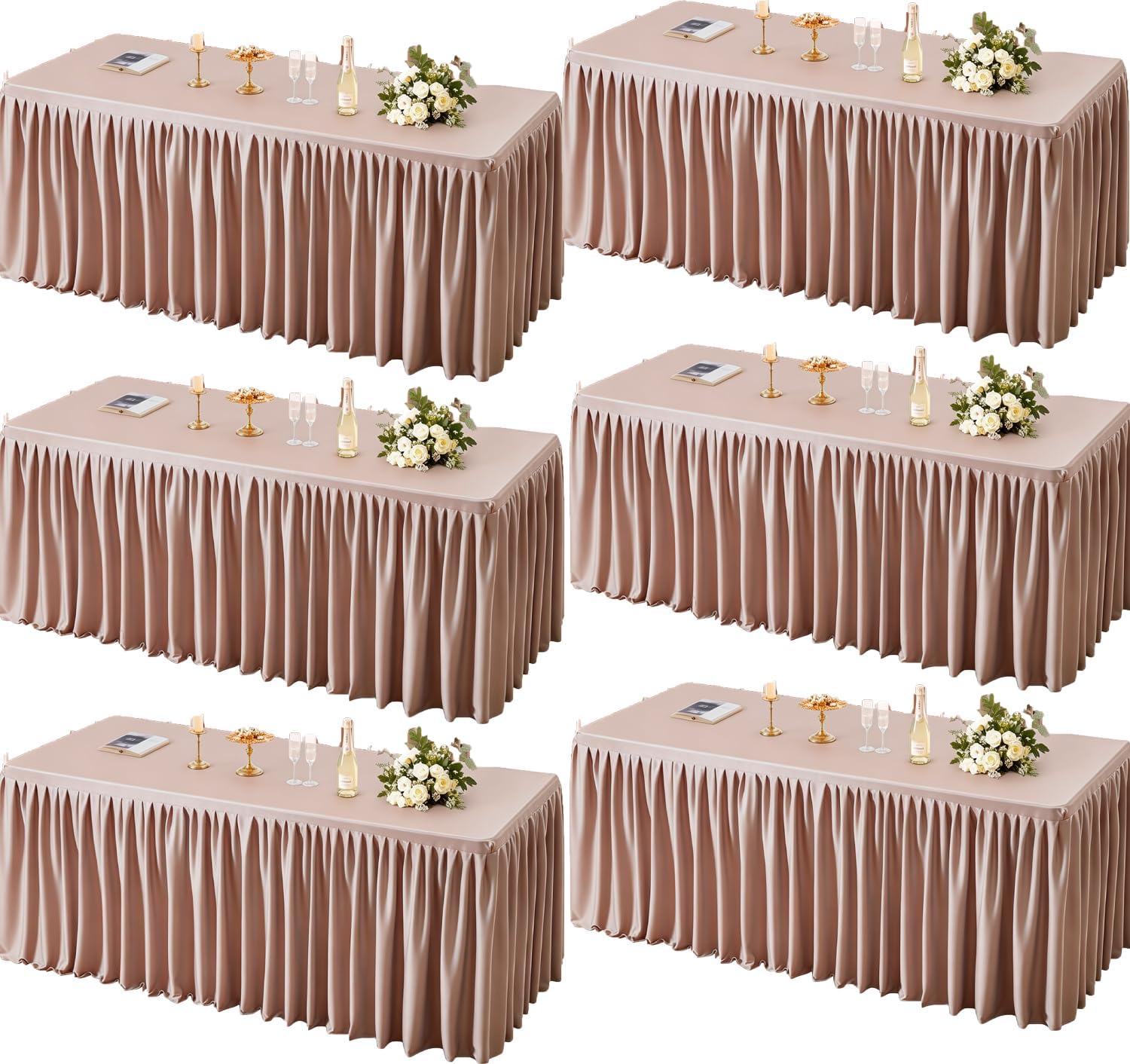 PARTISKY 6 Pack Dusty Rose Tablecloths for Rectangle Tables 8ft, Wrinkle Resistant Spandex Table Cover Fitted Stretch Table Cloth with Pleated Ruffle Skirts for Party Banquet Dining Birthday Wedding