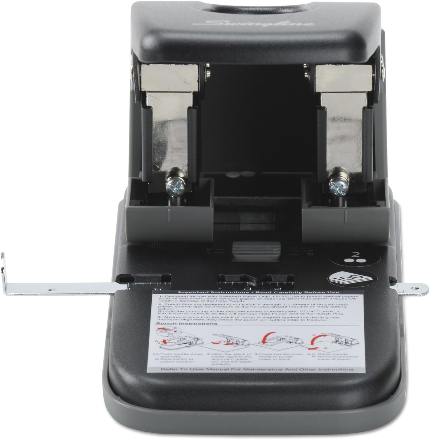Swingline 2 Hole Punch, Hole Puncher, High Capacity, 100 Sheet Punch Capacity, Fixed Centers, Black (74190)