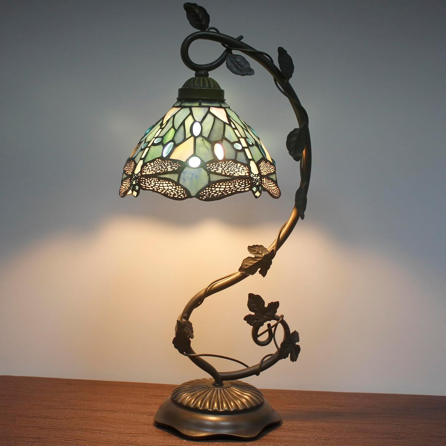 WERFACTORY Tiffany Lamp Sea Blue Stained Glass Dragonfly Style Desk Reading Light, Metal Leaf Table Lamp Base 8X10X21 Inches Decor Small Space Bedside Bedroom Home Office S147 Series