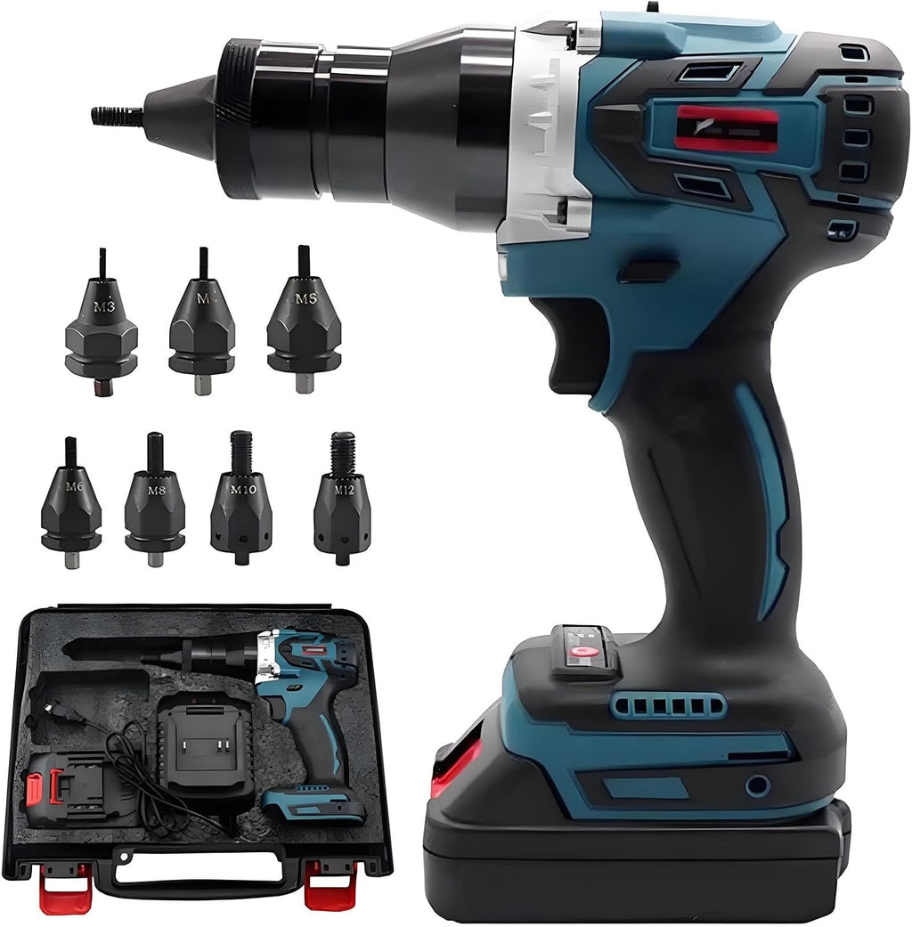 Portable Cordless Rivet Nut Tool, 5200mAh Battery Nutsert Gun with M3 M4 M5 M6 M8 M10 M12 Heads, Professional Pop Rivet Insert Installation Tool(1x5200mah)