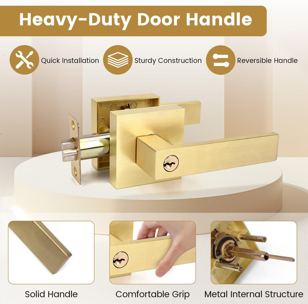 Boisouey Door Knobs with Lock and Key, 6 Pack Brushed Gold Interior Door Handles for Bedroom Bathroom Front Entry Door, Keyed Entry Locking Door Knob with 3 Keys for Home Security