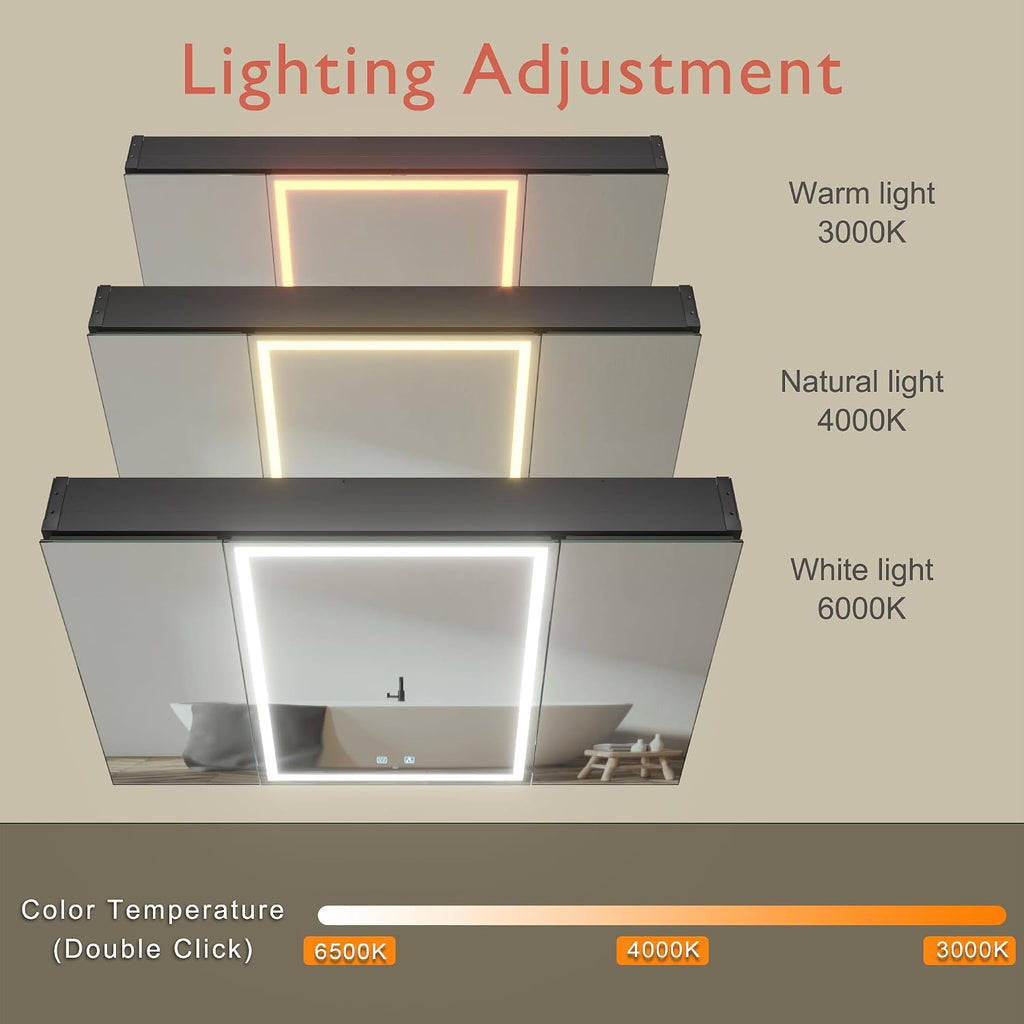 KWW LED Lighted Bathroom Medicine Cabinet with Sockets & USBs, Defogger, Dimmable, 3 Color Light Makeup Mirror, Easy to Install, Wall Mounted Cabinet (3 door-40 * 28)