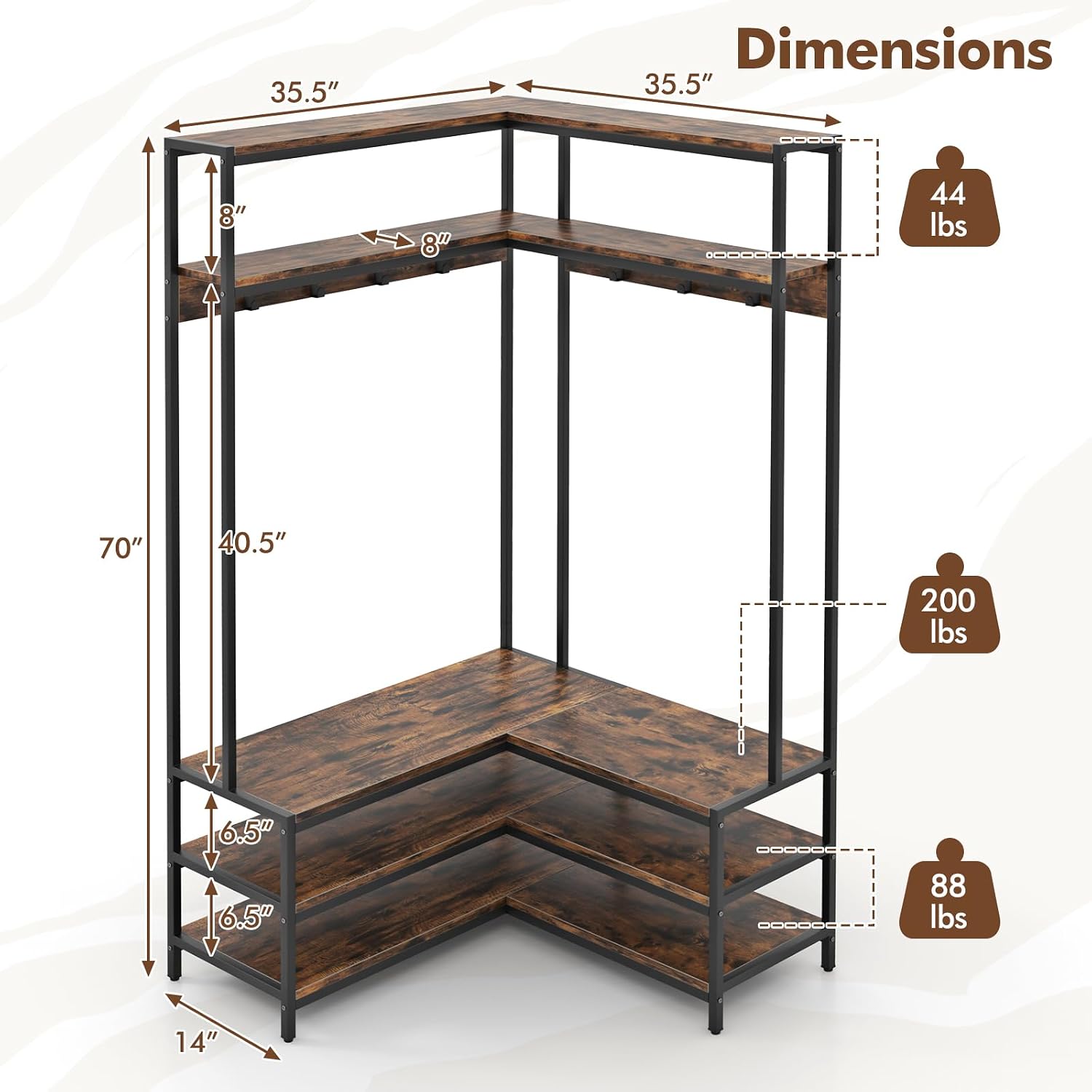 Tangkula Corner Hall Tree, 70 Inch Coat Rack with Bench and Shoe Storage, Entryway Furniture with 7 Hooks, Heavy Duty Metal Frame, Space Saving Clothes Rack Shoes Shelf Organizer (Rustic Brown)