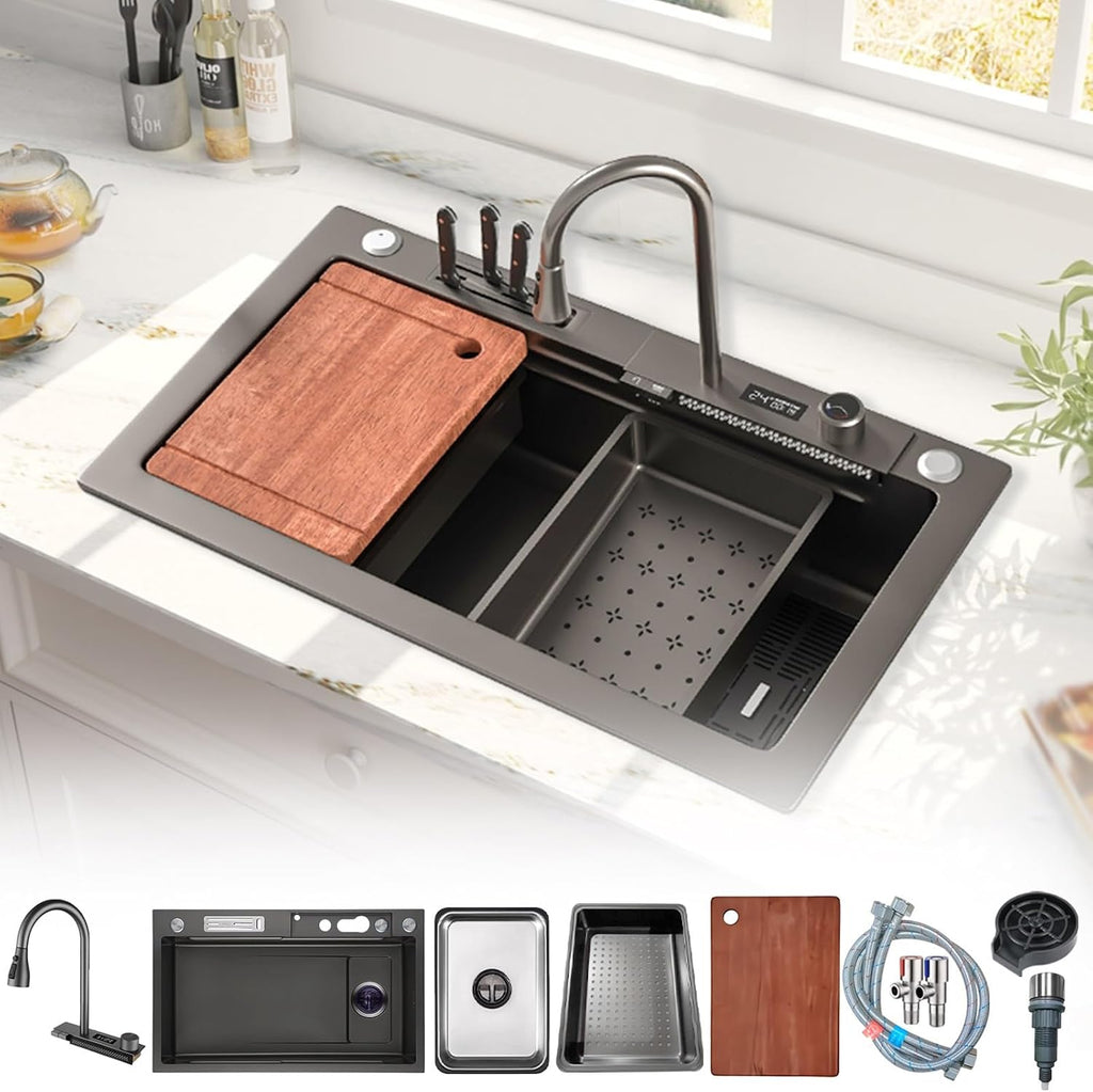13-Piece Set Waterfall Kitchen Sink Stainless Steel Workstation Single Bowl Sink with Digital Display Pull-Out Faucet, Cup Washer, Control Knobs (Color : Black-Grey, Size : 75x46cm)