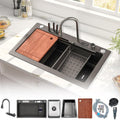 13-Piece Set Waterfall Kitchen Sink Stainless Steel Workstation Single Bowl Sink with Digital Display Pull-Out Faucet, Cup Washer, Control Knobs (Color : Black-Grey, Size : 80x46cm)