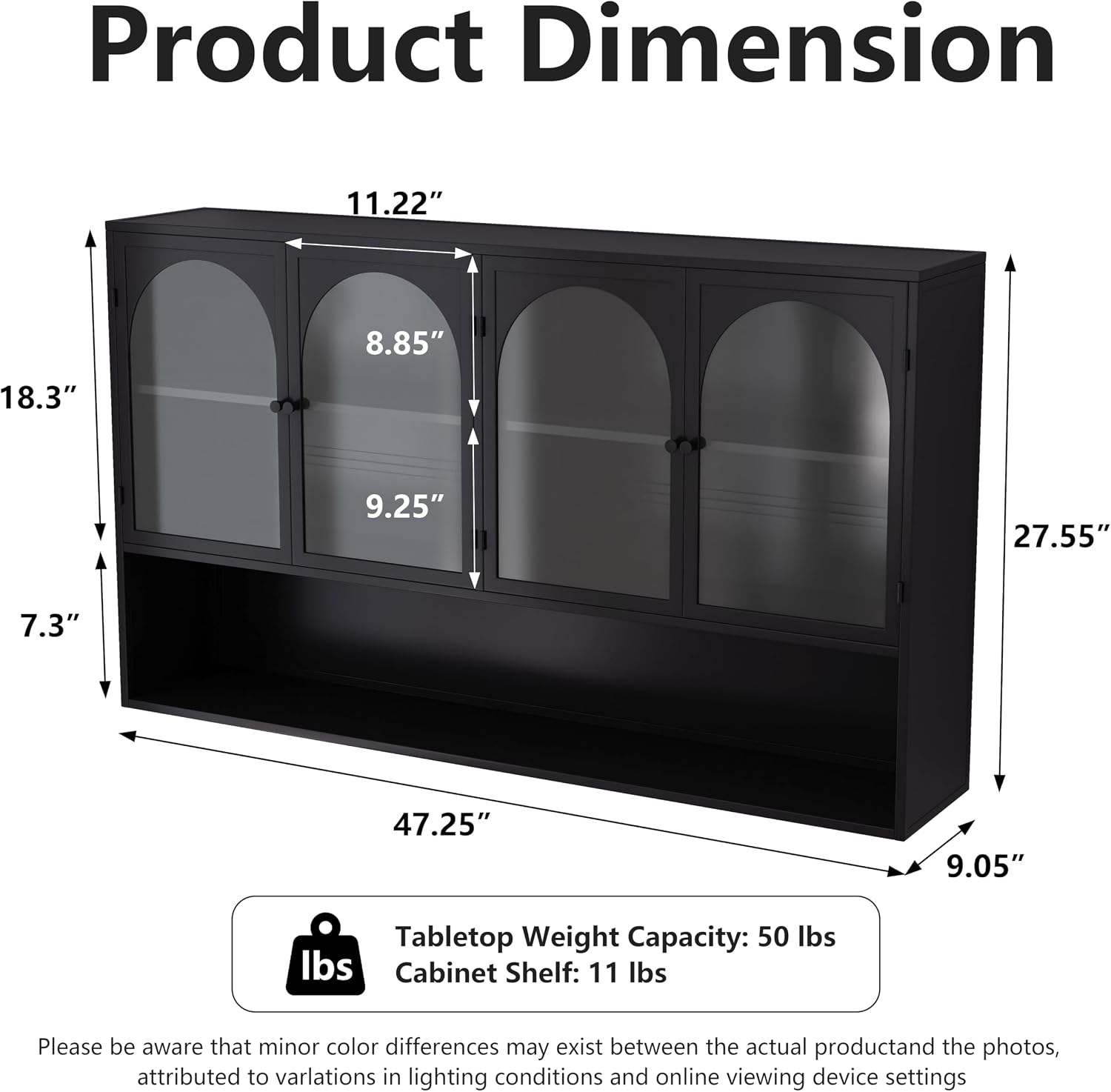 Retro Style Tempering Glass Door Wall Cabinet with Detachable Shelves and Open Shelves，for Office Dining Room,Living Room, Kitchen and Bathroom.Black
