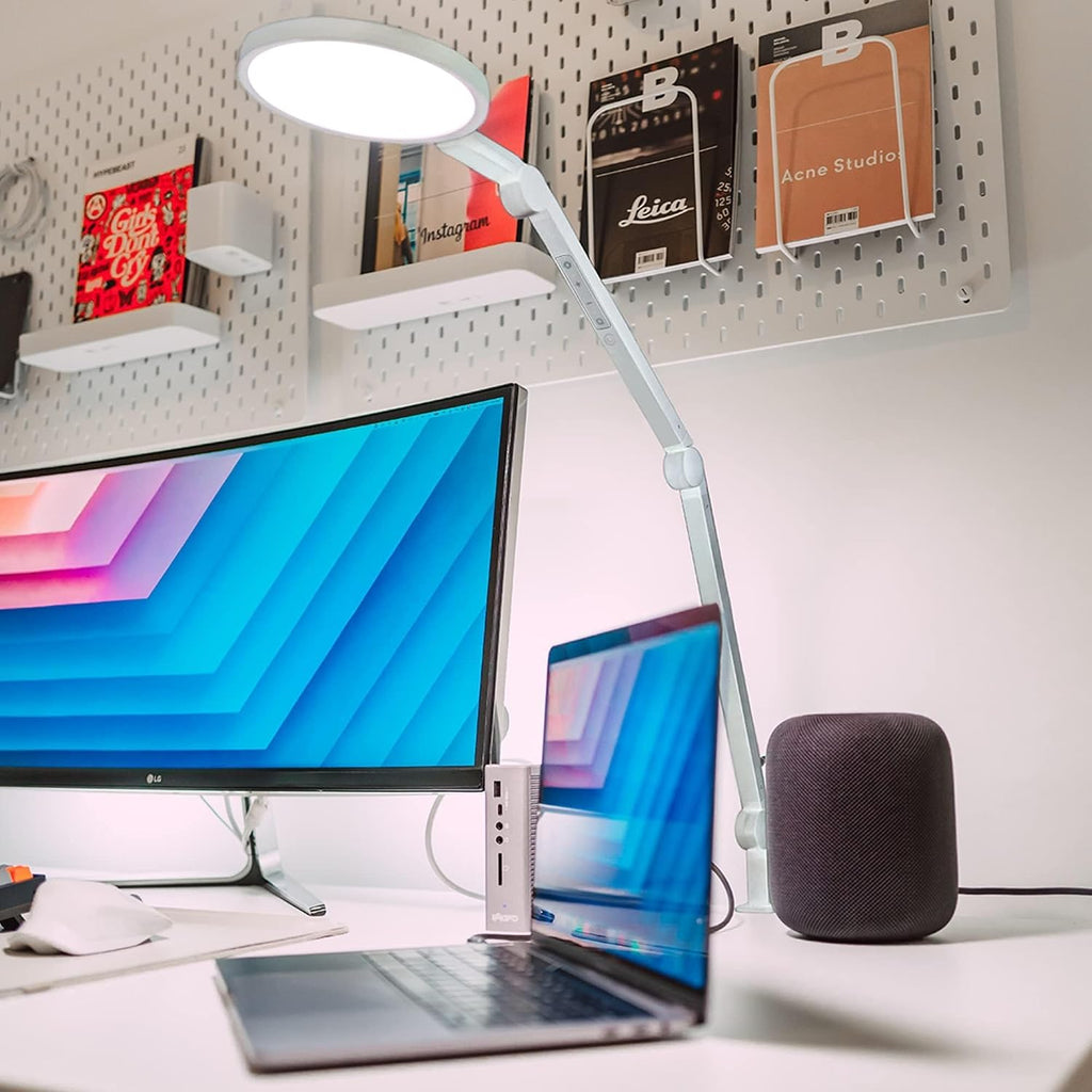 LUME CUBE Edge 2.0 LED Desk Lamp | Dimmable Home Office Desk Light with USB Charging Port & Strong Swing Arm | Adjustable Color Temperature and Brightness | Circle Webcam Light - White 2pk