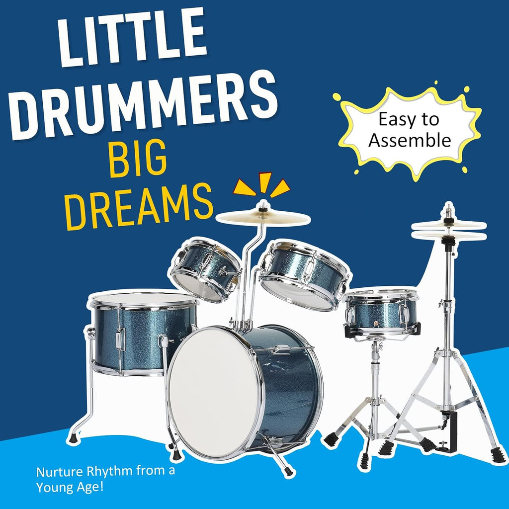 Ktaxon 5-Piece Complete Junior Drums Set, 14 Inch Beginners Drum Kit with Throne Stool, Pedal & Drumsticks, Drums Musical Instruments W/Cymbal, Hi-Hat, Floor, Tom and Snare Drum (Blue)