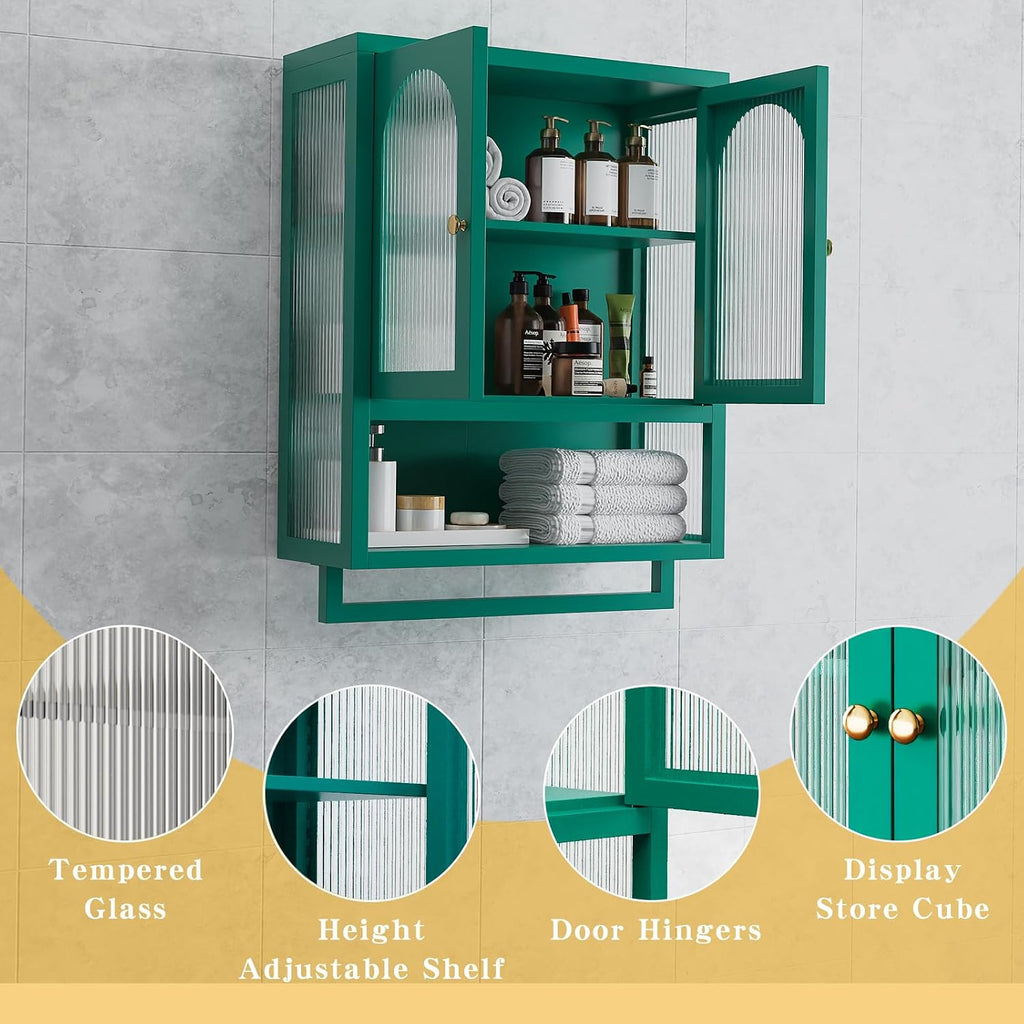 ALBAD Metal Bathroom Wall Cabinet with Fluted Glass Door and Towel Bar Wall-Mounted Medicine Cabinets Above the Toilet for Modern Bathroom, Kitchen, Garage, Laundry Room, Green