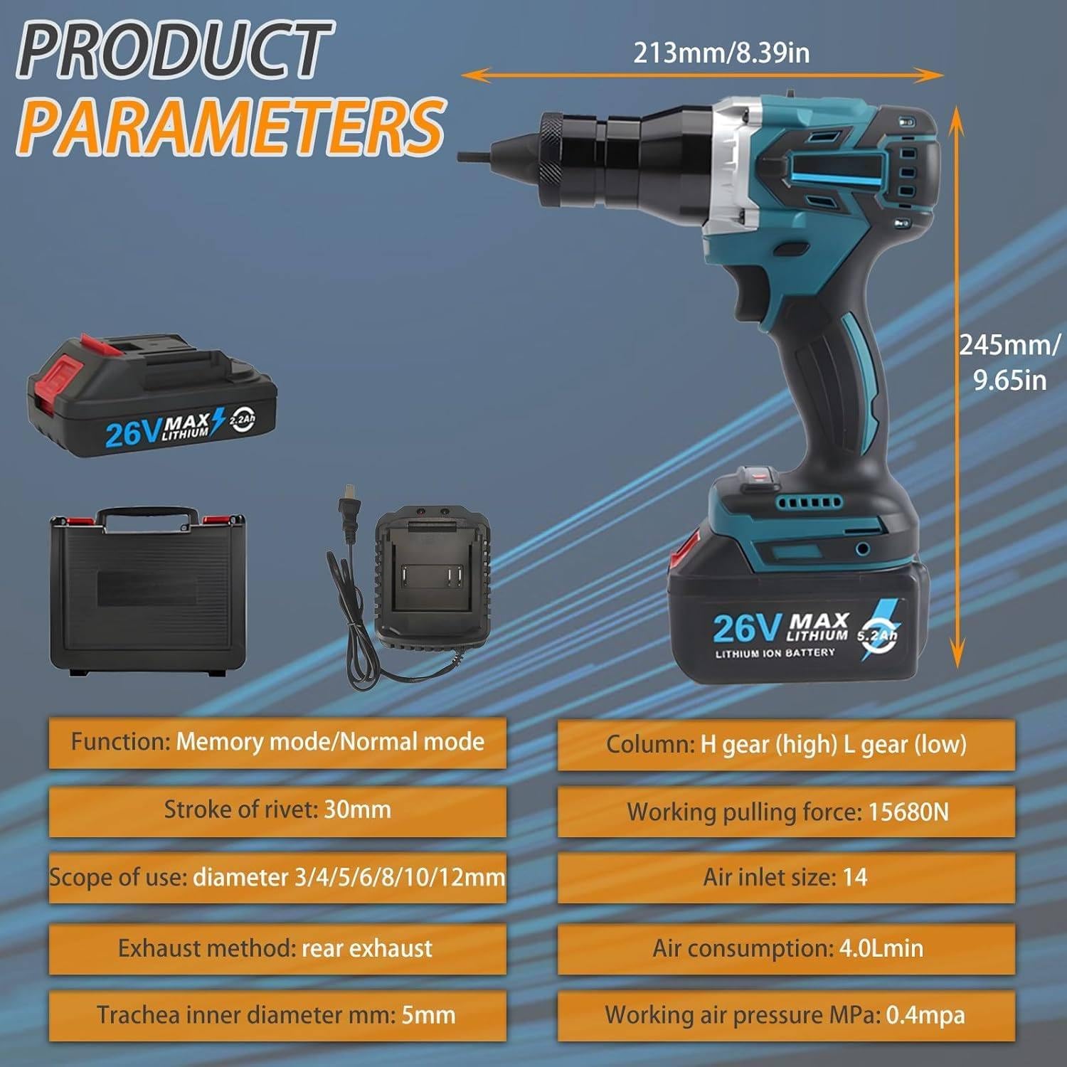 Cordless Brushless Rivet Gun, Cordless Rivet Tool, Pop Rivet Gun, Electric Rivet Gun, Automatic Manual Range Memory Mode Electric Assembly Nutsert Gun for M3 M4 M5 M6 M8 M10 M12 Rivet Nuts,2200mah*2
