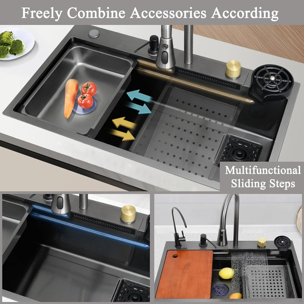 Waterfall Kitchen Sink Stainless Steel Top Mount Sink Black Nano Single Bowl Sink Multifunctional Workstation Sink with Pull-Out Faucet, Glass Cup Washer, D(Black-65x50x22cm